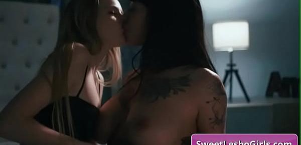  Amazing big boobed lesbian babe Scarlett Sage covered in sexy tats get her pussy licked and fingered deep